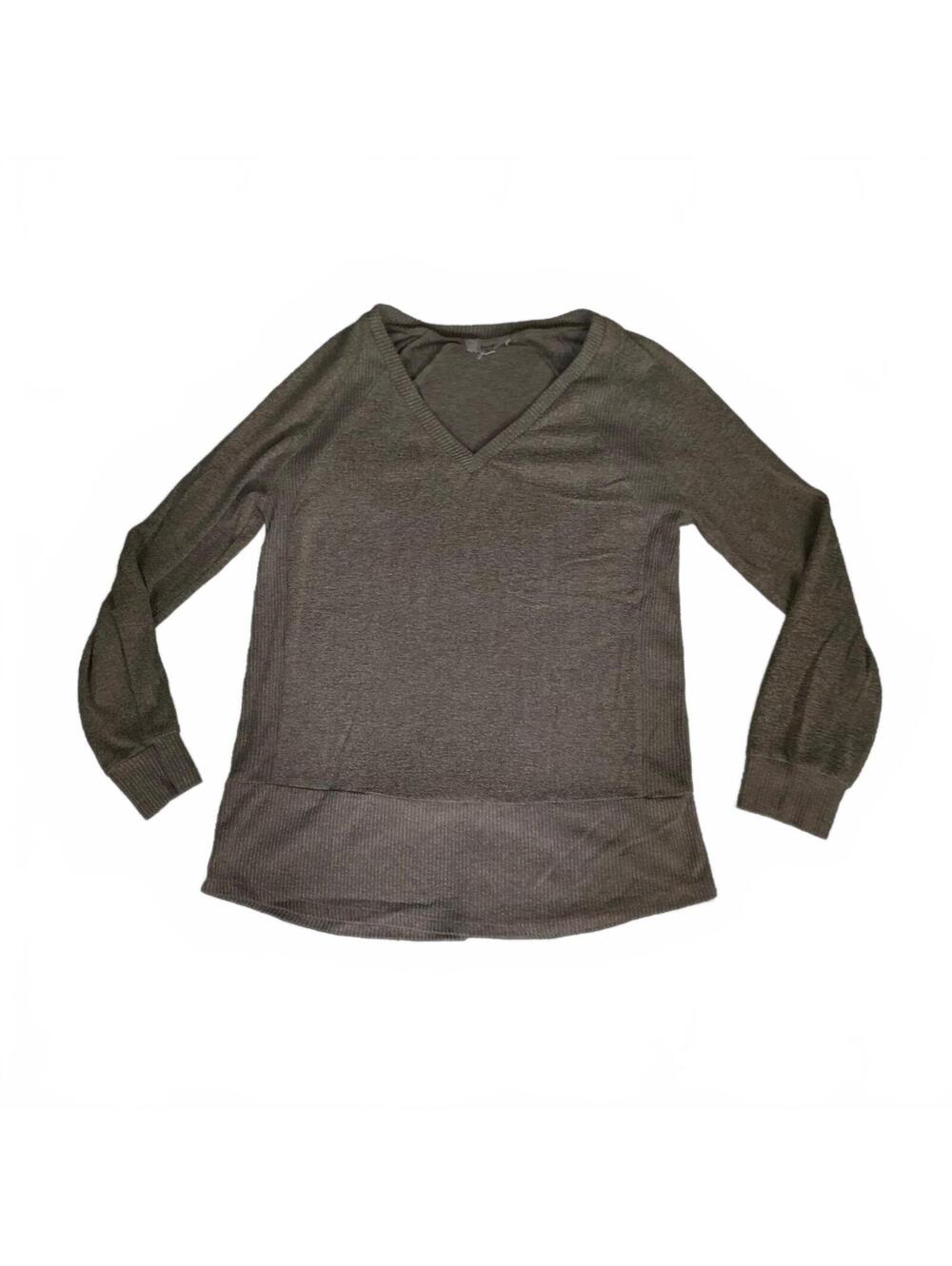 Beige fyve Long Sleeve V-Neck Knit Sweater with Ribbed Hem Medium